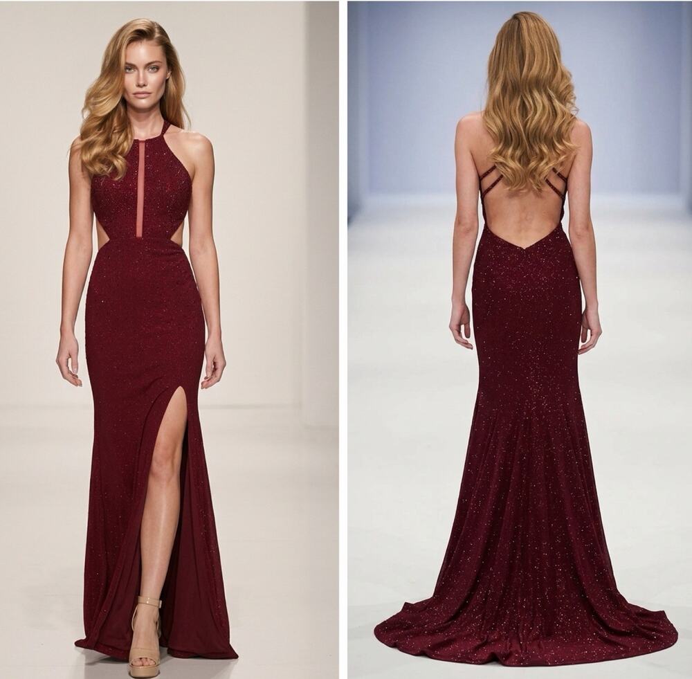 NWT Madison James Size 6 Wine Glitter Rhinestone Formal Gown Dress Front Slit